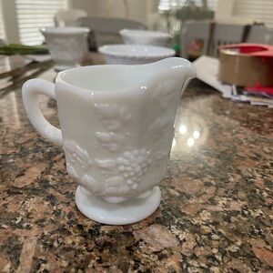 White Milk Glass Pedestal Creamer with Grape Relief